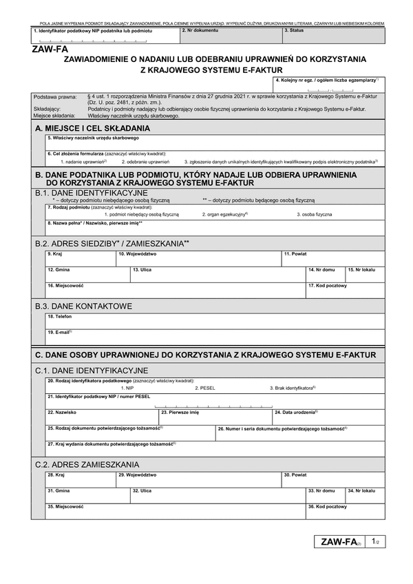 ZAW-FA (2) Zawiadomienie o nadaniu lub odebraniu uprawnień do korzystania z krajowego systemu e-faktur