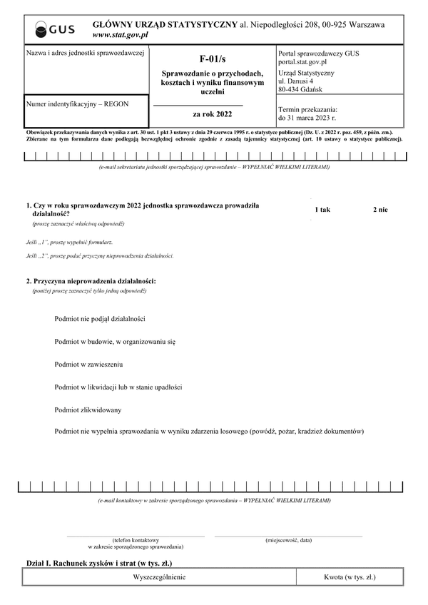 GUS F-01/s (2022) (archiwalny) Sprawozdanie o przychodach, kosztach i wyniku finansowym szkół wyższych za rok 2022