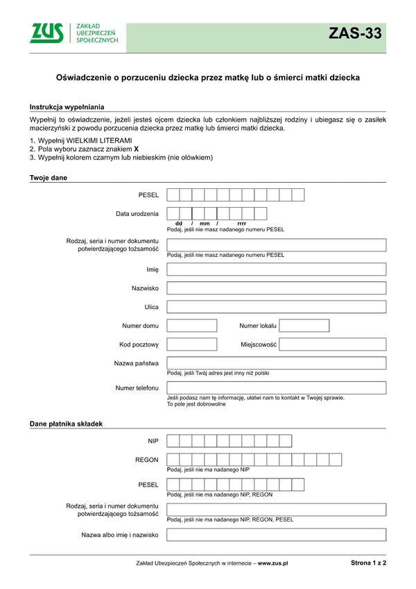 ZUS ZAS-33 (archiwalny) Oświadczenie o porzuceniu dziecka przez matkę lub o śmierci matki dziecka - wersja papierowa