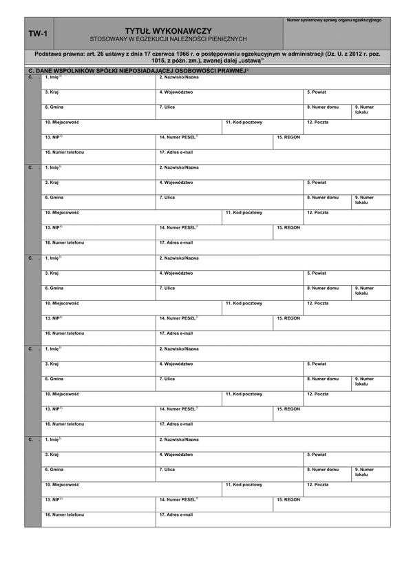 TW-1c (archiwalny) Tytuł wykonawczy stosowany w egzekucji należności pieniężnych - dane wspólników spółki nieposiadającej osobowości prawnej