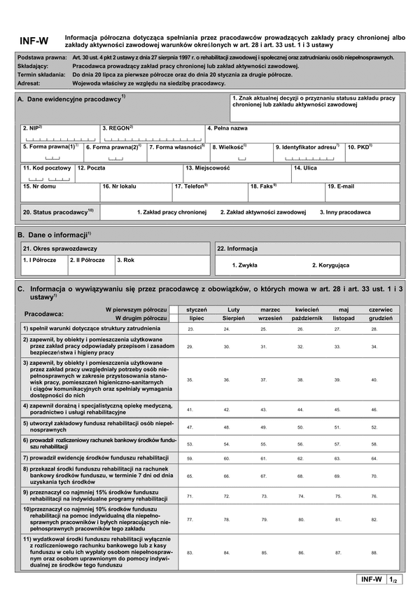 PFRON INF-W Informacja półroczna dotycząca spełniania przez pracodawców prowadzących zakłady pracy chronionej albo zakłady aktywności zawodowej warunków określonych w art. 28 i art. 33 ust. 1 i 3 ustawy