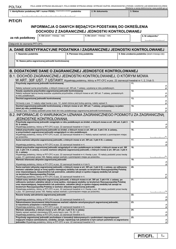 PIT/CFI (3) Informacja o danych będących podstawą do określenia dochodu z zagranicznej jednostki kontrolowanej