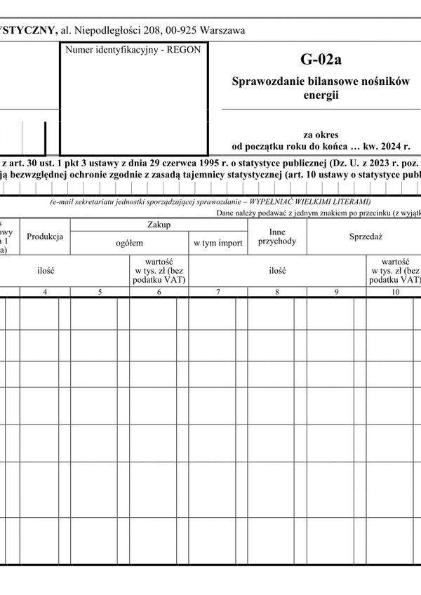 GUS G-02a (2024) Sprawozdanie bilansowe nośników energii