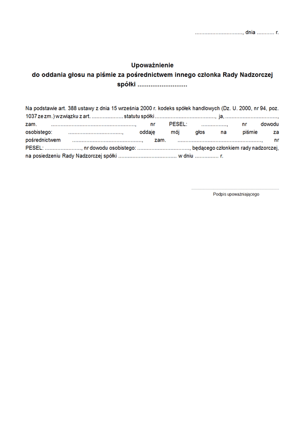 UdGPRN Upoważnienie do głosowania na posiedzeniu Rady Nadzorczej