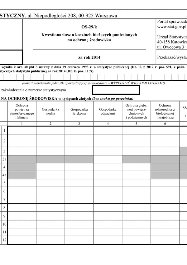 GUS OS-29/k (2014) (archiwalny) Kwestionariusz o kosztach bieżących poniesionych na ochronę środowiska za rok 2014