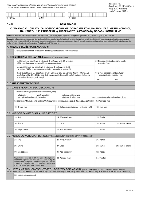 D - N (archiwalny) Deklaracja o wysokości opłaty za gospodarowanie odpadami komunalnymi nieruchomości niezamieszkałe - Warszawa