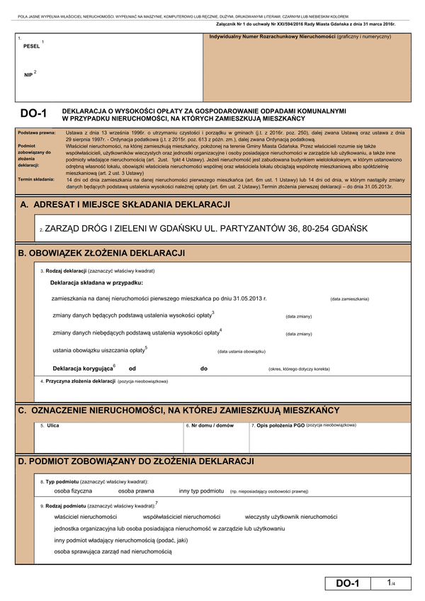 DO-1 G (archiwalny) Deklaracja o wysokości opłaty za gospodarowanie odpadami komunalnymi w przypadku nieruchomości, na których zamieszkują mieszkańcy