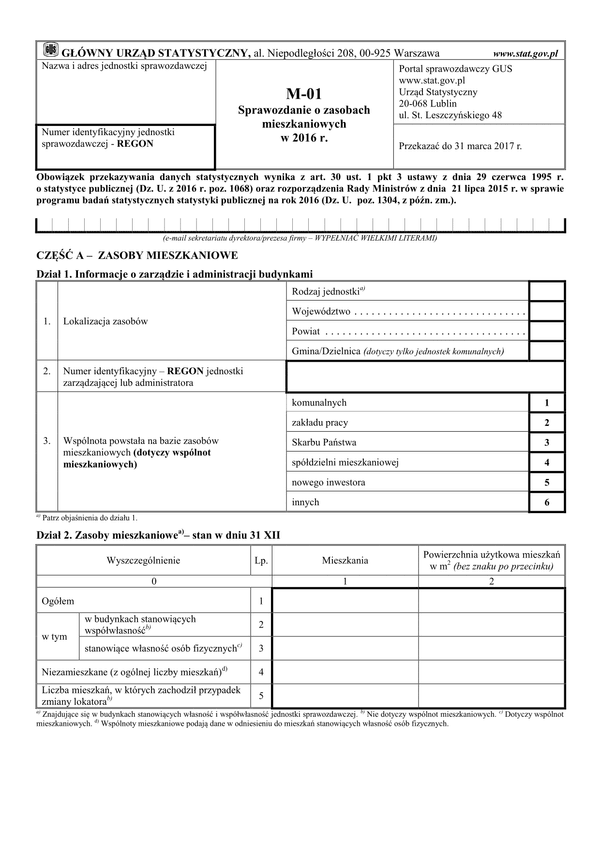 GUS M-01 (2016) (archiwalny) Sprawozdanie o zasobach mieszkaniowych w 2016 r.