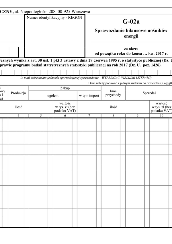 GUS G-02a (archiwalny) (2017) Sprawozdanie bilansowe nośników energii