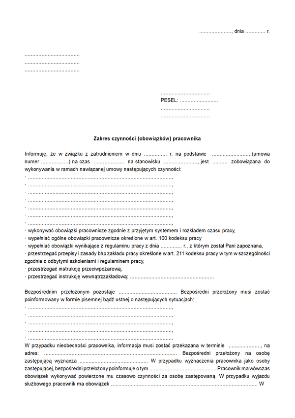 ObP Zakres czynności (obowiązków) pracownika