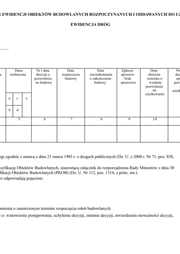 EOBR-D Wzór ewidencji obiektów budowlanych rozpoczynanych i oddawanych do użytkowania, ewidencja dróg