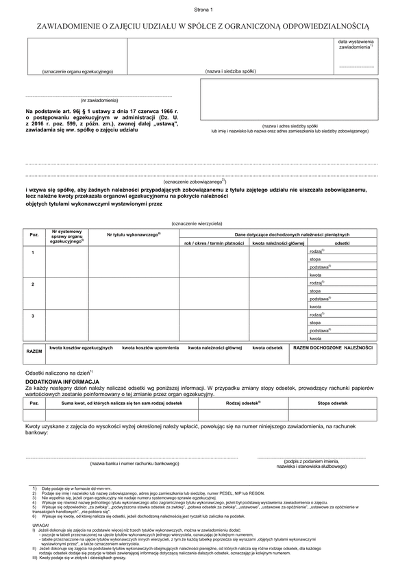 ZoZUwS (archiwalny) Zawiadomienie o zajęciu udziału w spółce z ograniczoną odpowiedzialnością