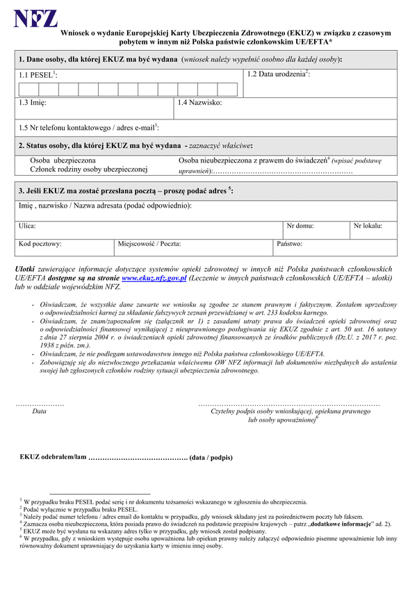 EKUZ-WT (archiwalny) Wniosek o wydanie Europejskiej Karty Ubezpieczenia Zdrowotnego (EKUZ) w związku z czasowym pobytem w innym niż Polska państwie członkowskim UE/EFTA