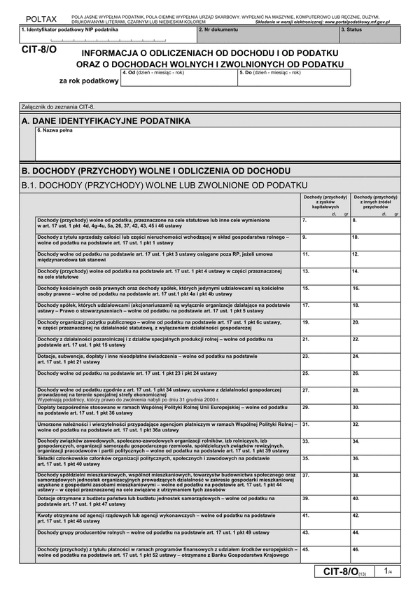CIT-8/O (13) (archiwalny) Informacja o odliczeniach od dochodu i od podatku oraz o dochodach wolnych i zwolnionych od podatku
