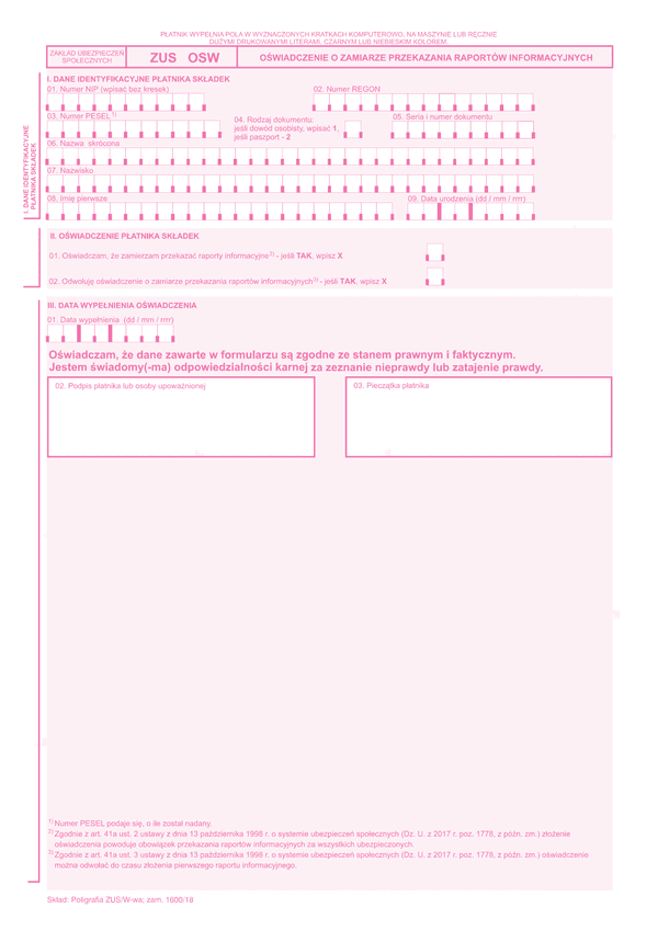 ZUS OSW (archiwalny) Oświadczenie pracodawcy o przekazywaniu raportów informacyjnych (ZUS RIA)