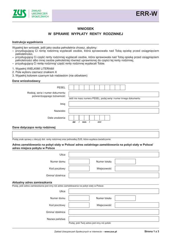 ZUS ERR-W (archiwalny) Wniosek w sprawie wypłaty części renty rodzinnej
