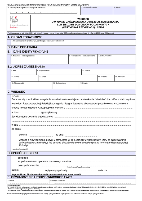 W CFR-1 (archiwalny) Wniosek o wydanie zaświadczenia o miejscu zamieszkania lub siedzibie dla celów podatkowych (certyfikat rezydencji) - CFR-1