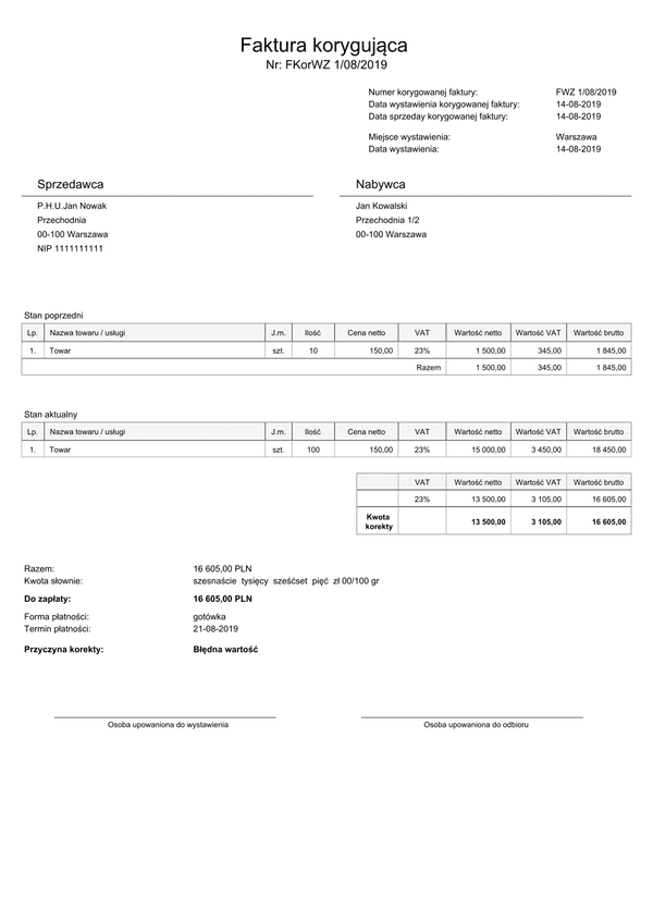 FVATKWZ Faktura korygująca wydanie na zewnątrz