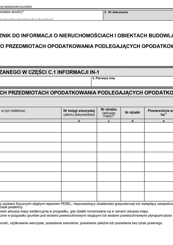 ZIN-1 (1) Załącznik do informacji o nieruchomościach i obiektach budowlanych - dane o przedmiotach opodatkowania podlegających opodatkowaniu