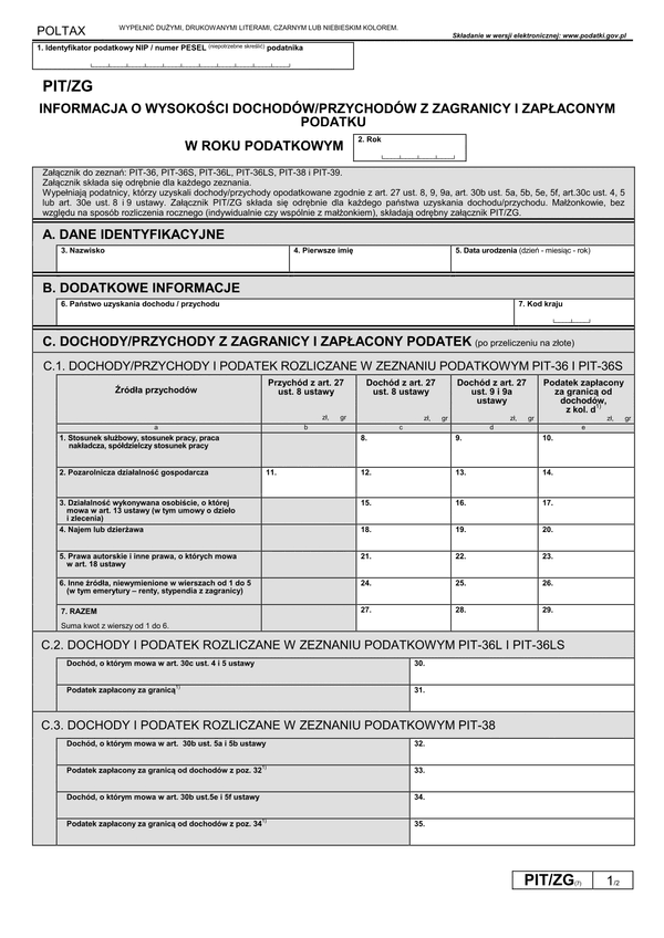 PIT/ZG (7) (archiwalny) (2019-2022) Informacja o wysokości dochodów/przychodów z zagranicy i zapłaconym podatku