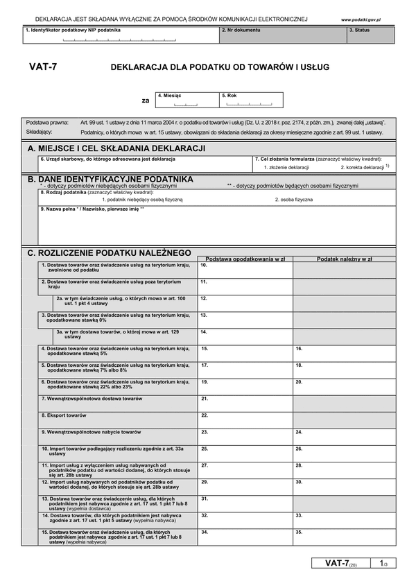 CzVAT-7 (20) (archiwalny) Gminne (samorządowe) jednostki budżetowe - deklaracja VAT-7 częściowa (do przekazania organom gminy celem stworzenia łącznej deklaracji VAT)  