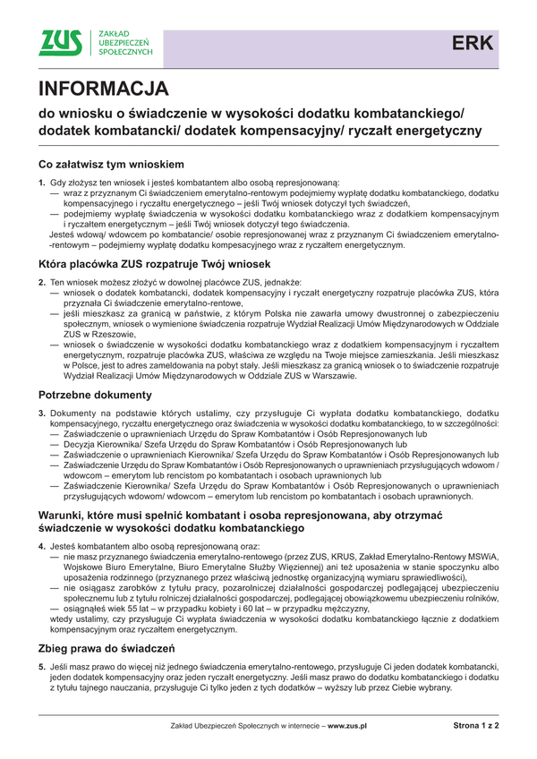 ZUS ERK Inf (archiwalny) Informacja do wniosku o świadczenie w wysokości dodatku kombatanckiego/dodatek kombatancki/dodatek kompensacyjny/ryczałt energetyczny