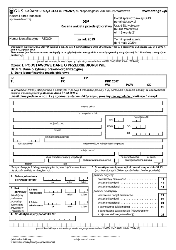 GUS SP (2019) (archiwalny) Roczna ankieta przedsiębiorstwa za rok 2019
