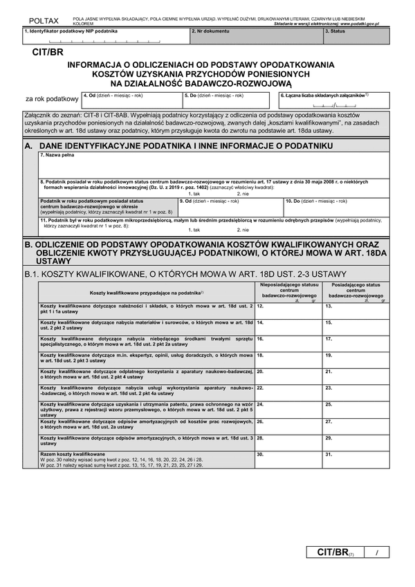 CIT/BR (7) (archiwalny) Informacja o odliczeniach od podstawy opodatkowania kosztów kwalifikowanych