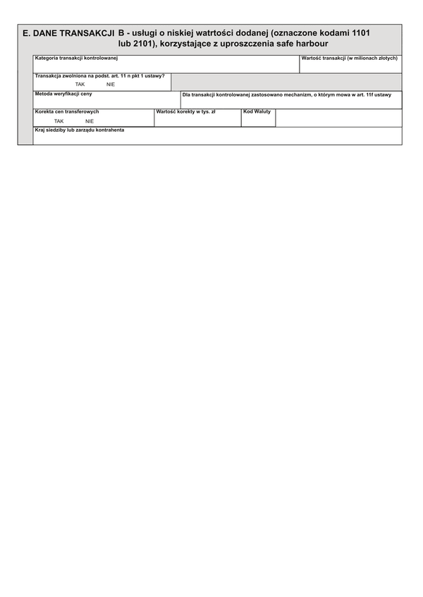 TPR-C zał.B (archiwalny) Dane transakcji B - usługi o niskiej wartości dodanej (oznaczone kodami 1101 lub 2101), korzystające z uproszczenia safe harbour
