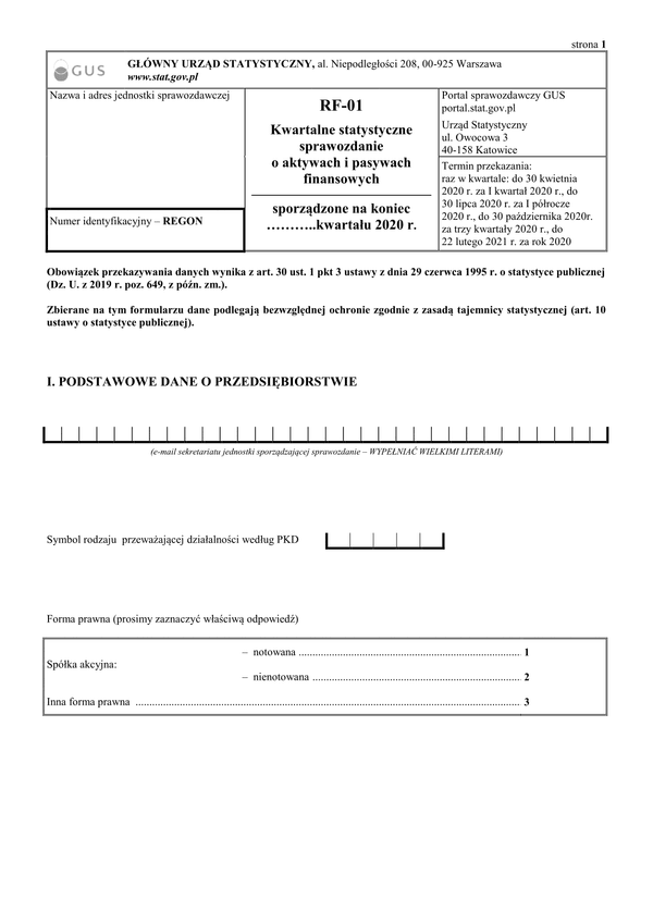 GUS RF-01 (2020) (archiwalny) Kwartalne statystyczne sprawozdanie o aktywach i pasywach finansowych