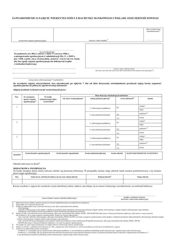ZoZRB (archiwalny) Zawiadomienie o zajęciu wierzytelności z rachunku bankowego i wkładu oszczędnościowego