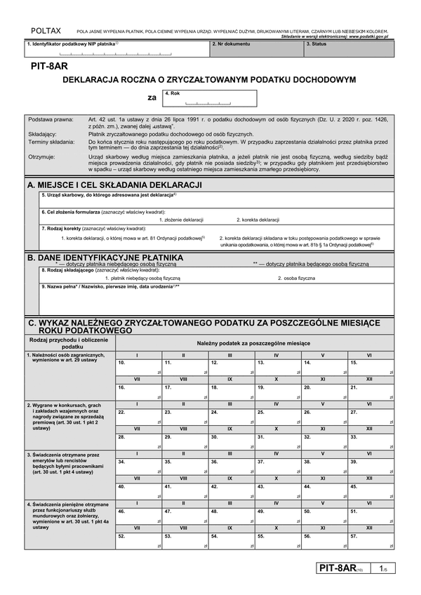 PIT-8AR (10) (archiwalny) (2020) Deklaracja roczna o zryczałtowanym podatku dochodowym