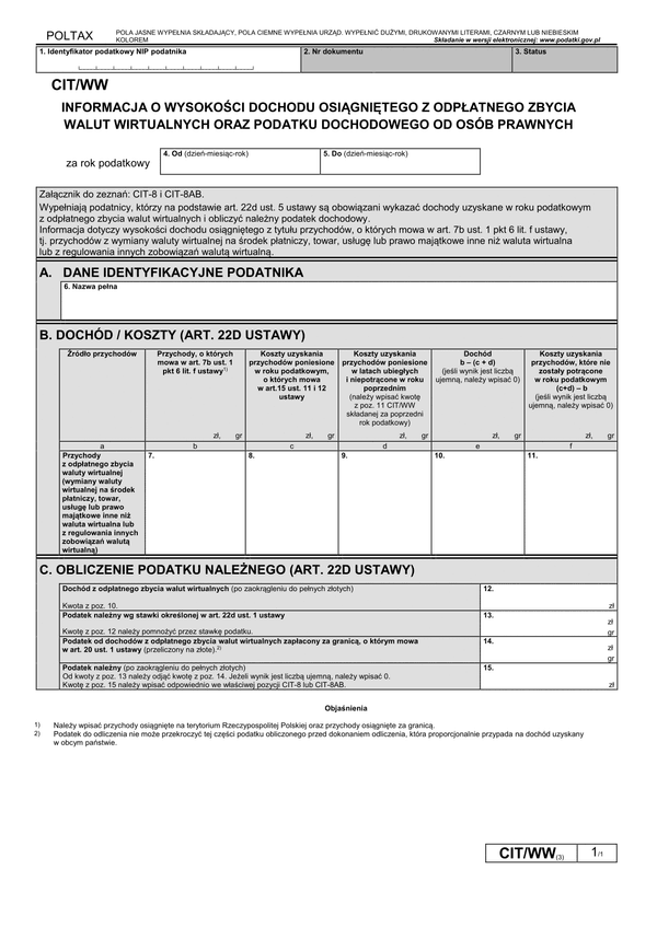 CIT/WW (3) Informacja o wysokości dochodu osiągniętego z odpłatnego zbycia walut wirtualnych oraz podatku dochodowego od osób prawnych