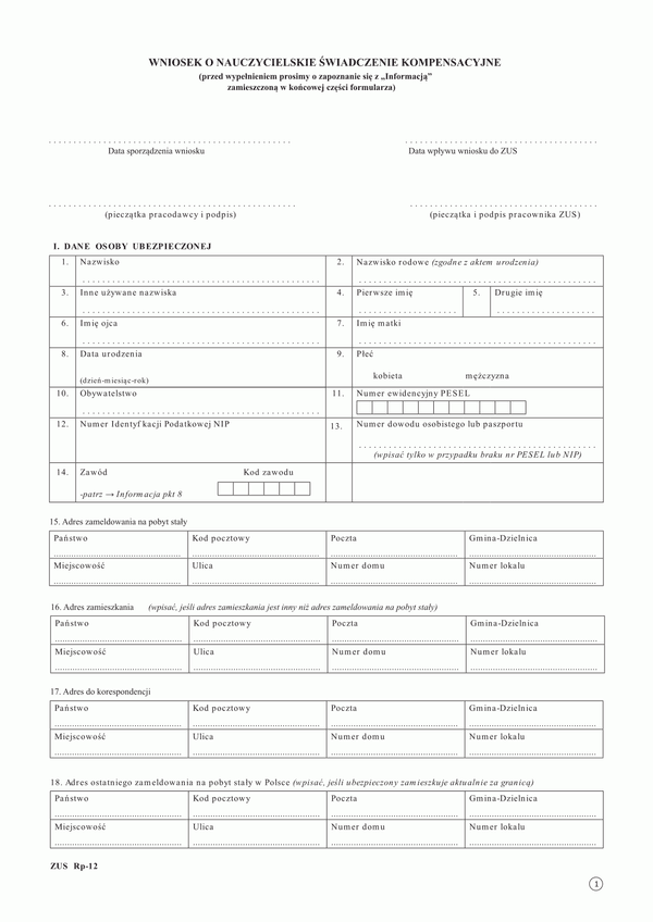 ZUS RP-12 (archiwalny) Wniosek o nauczycielskie świadczenie kompensacyjne