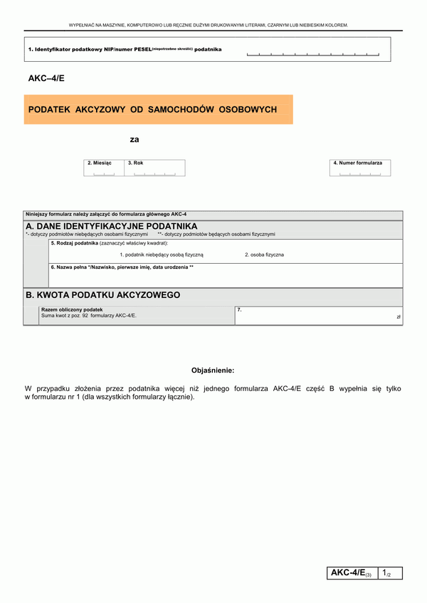 AKC–4/E (3) (od 2012) (archiwalny) Podatek akcyzowy od samochodów osobowych