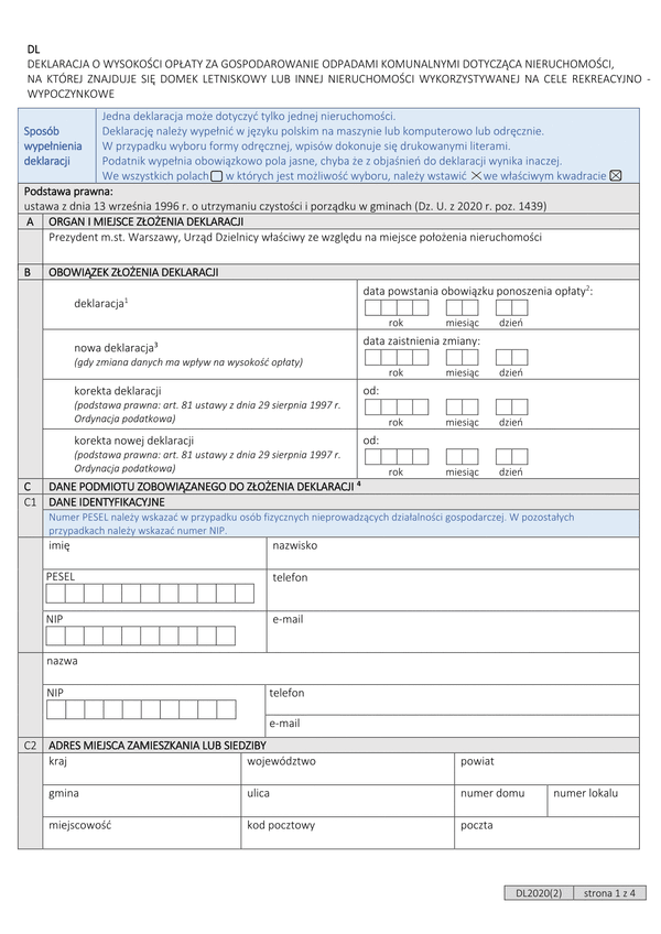D-L (archiwalny) Deklaracja o wysokości opłaty za gospodarowanie odpadami komunalnymi dla nieruchomości, na której znajduje się domek letniskowy lub innej nieruchomości wykorzystywanej na cele rekreacyjno-wypoczynkowe