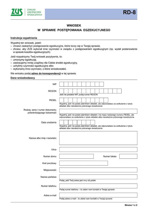 ZUS RD-8 (archiwalny) Wniosek w sprawie postępowania egzekucyjnego