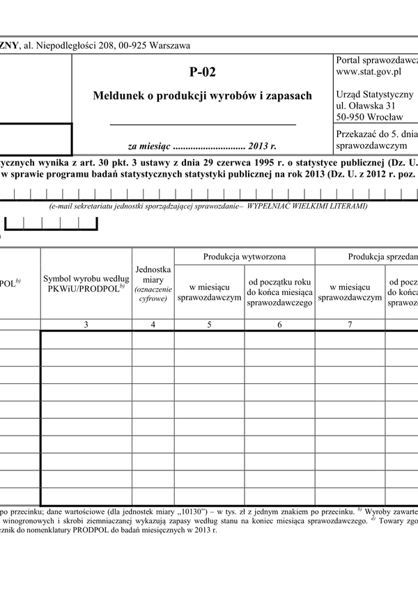 GUS P-02 (do X 2013) (archiwalny) Meldunek o produkcji wyrobów i zapasach