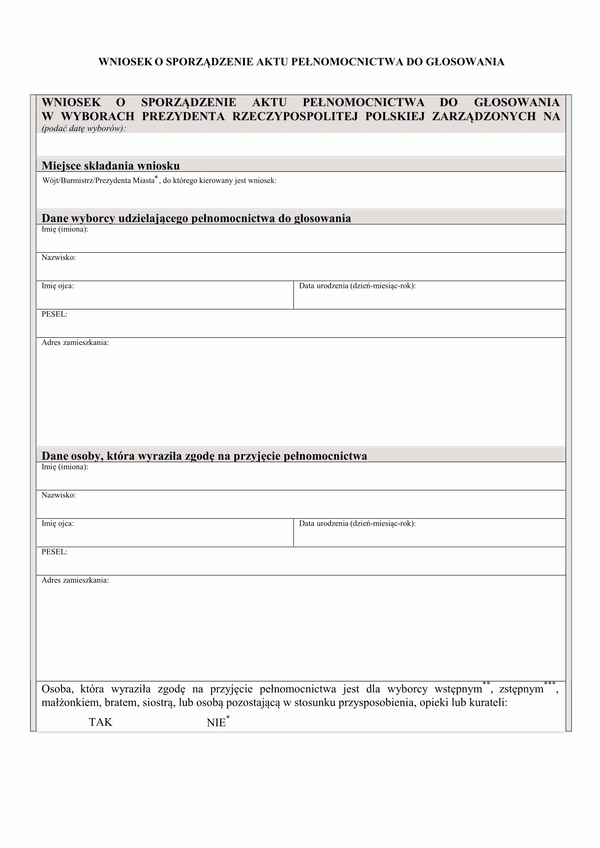 WoSAP-P Wniosek o sporządzenie aktu pełnomocnictwa do głosowania w wyborach Prezydenta Rzeczypospolitej Polskiej 