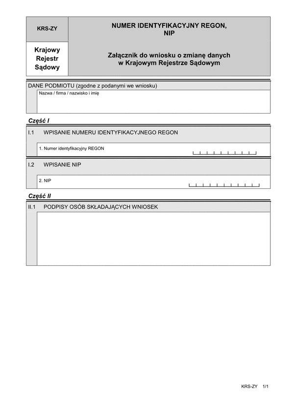 KRS-ZY Numer identyfikacyjny REGON, NIP - załącznik do wniosku o zmianę danych w Krajowym Rejestrze Sądowym