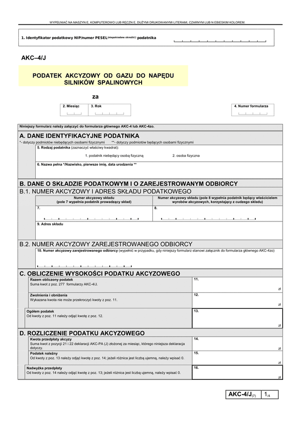 AKC-4/J (7) (archiwalny) Podatek akcyzowy od gazu do napędu silników spalinowych 