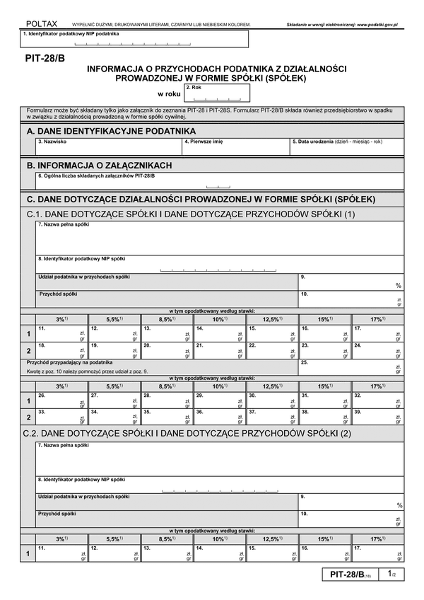 PIT-28/B (18) (archiwalny) (2021) Informacja o przychodach podatnika z działalności prowadzonej w formie spółki (spółek) osób fizycznych 