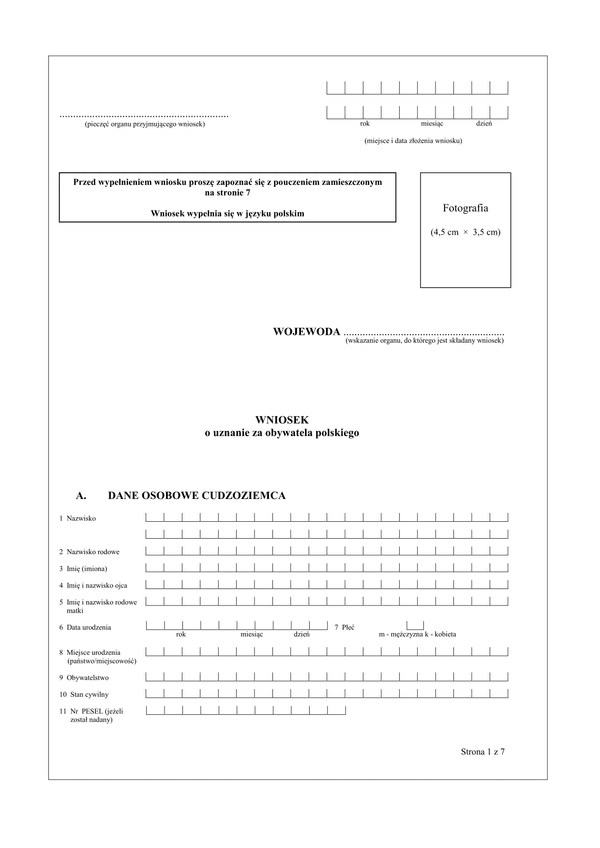 WoUOP Wniosek o uznanie obywatelstwa polskiego