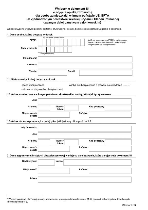 NFZ S-1 Wniosek o wydanie dokumentu S1 osobie zamieszkałej w innym państwie UE/EFTA