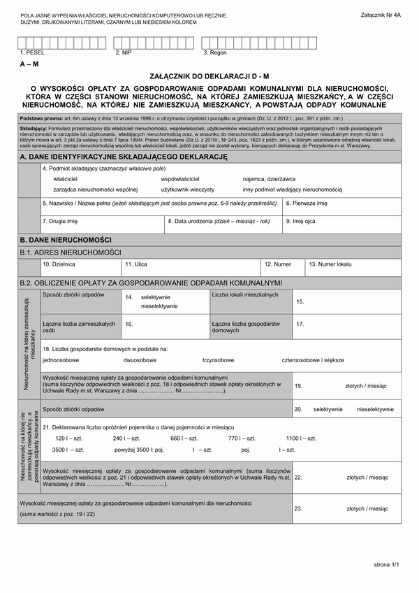 A - M (archiwalny) Załącznik do deklaracji D - M o wysokości opłaty za gospodarowanie odpadami komunalnymi, która w części stanowi nieruchomość zamieszkałą, a w części nieruchomość niezamieszkałą - Warszawa