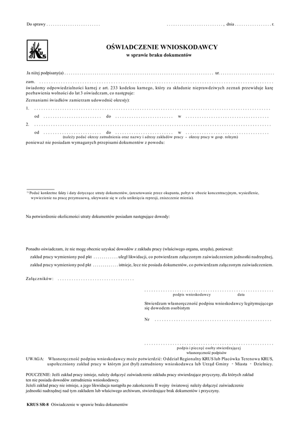 KRUS SR-8 (archiwalny) Oświadczenie w sprawie braku dokumentów