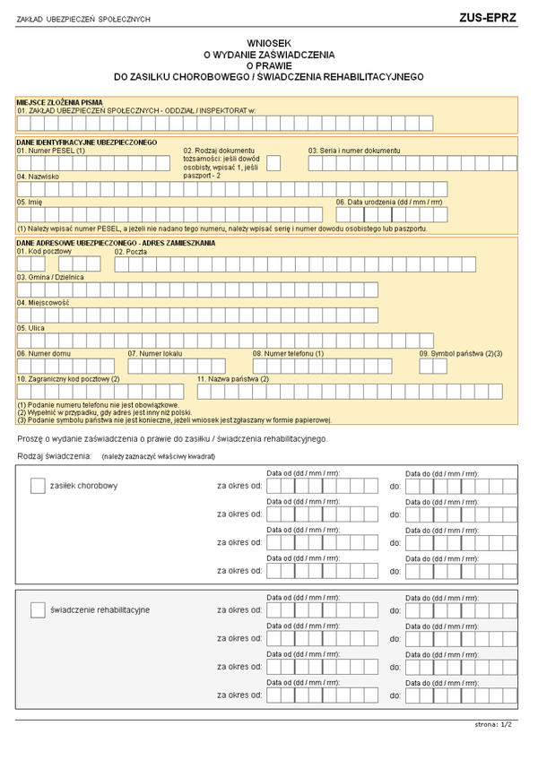 ZUS-EPRZ (archiwalny)  Wniosek o wydanie zaświadczenia o prawie do zasiłku chorobowego / świadczenia rehabilitacyjnego