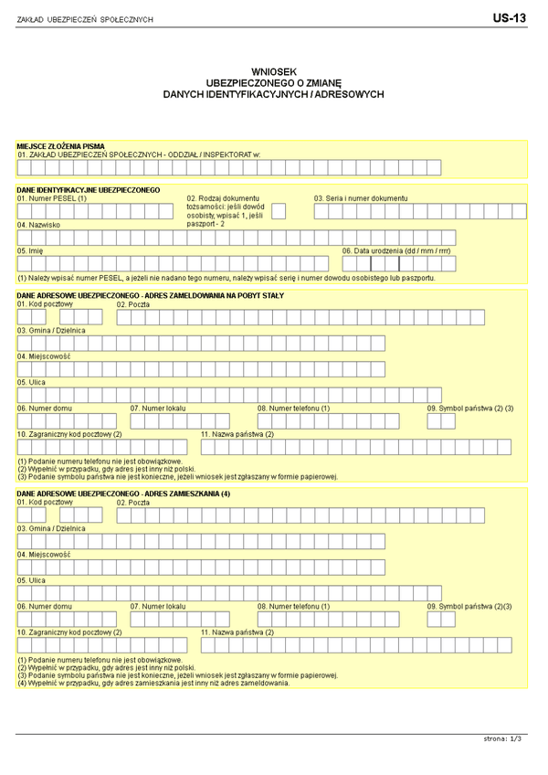 ZUS US-13 (archiwalny) Wniosek ubezpieczonego o zmianę danych identyfikacyjnych/adresowych