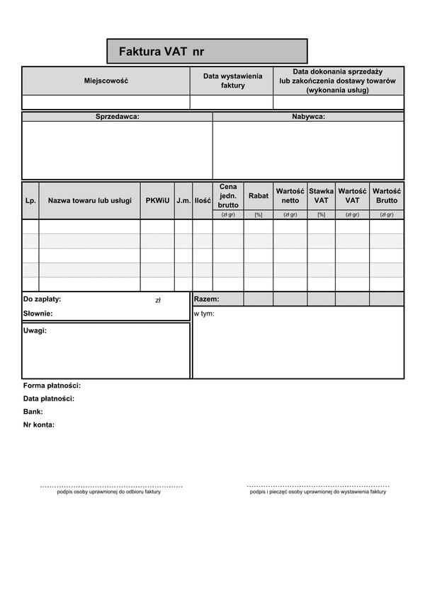 FV(b5) (od 2013) (archiwalny) Faktura VAT brutto (liczona od cen jednostkowych brutto - 5 pozycji) 