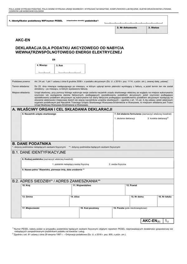 AKC-EN (8) (archiwalny) Deklaracja podatkowa od nabycia wewnątrzwspólnotowego energii elektrycznej